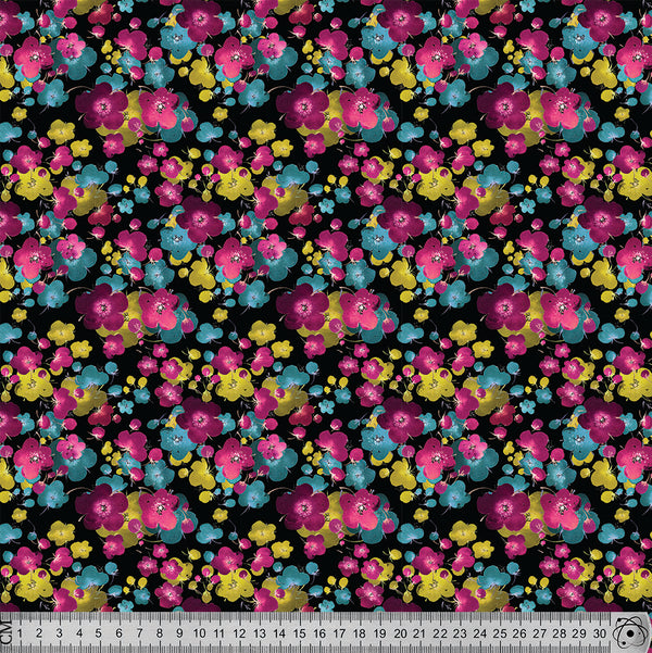 F52 Pink Yellow blue floral on Black.