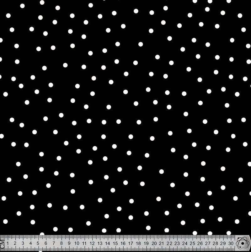 White polka dots on black scattered.